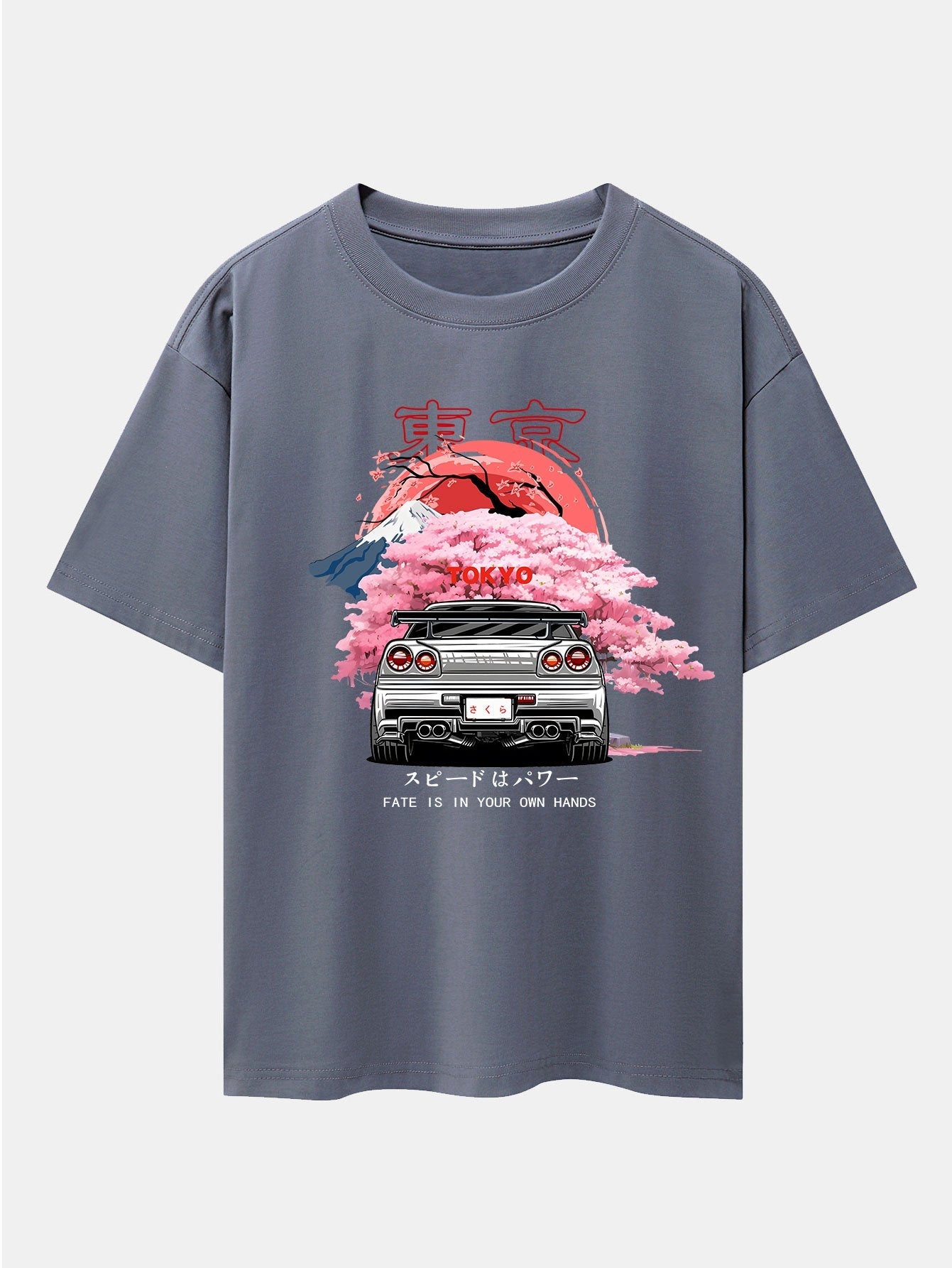 Tokyo Cherry Blossoms Car Print Drop Shoulder Oversize T-Shirt