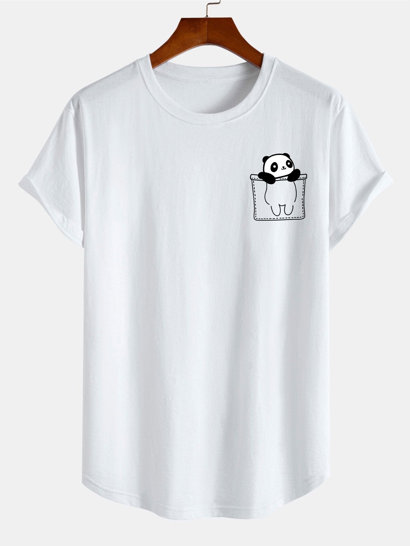 Pocket Panda Print Cotton Arc Hem T-Shirt