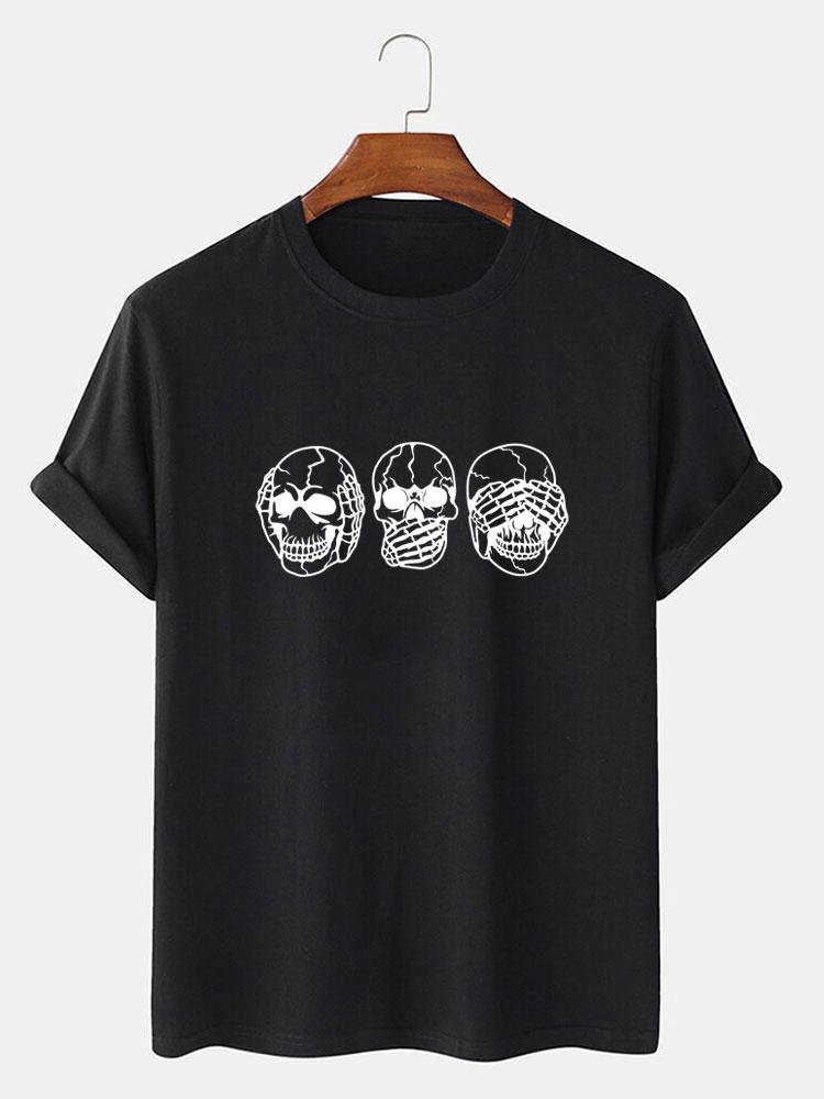 Three Wise Skulls Print T-Shirt