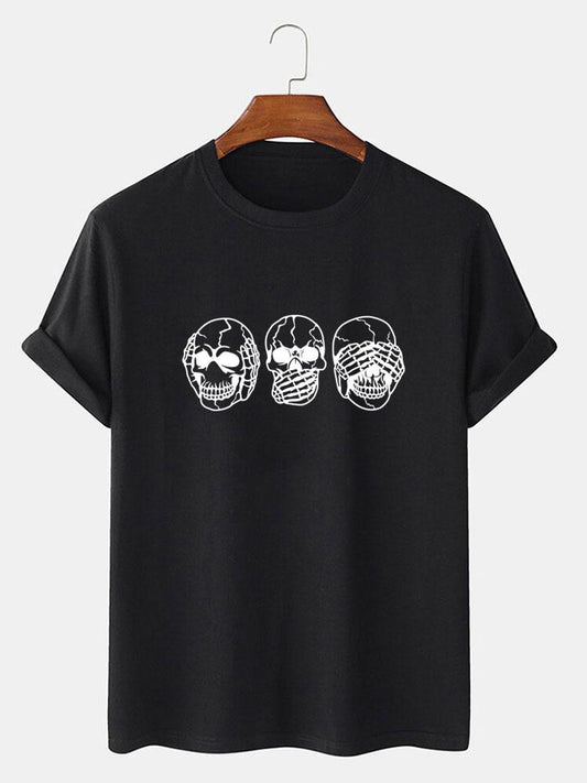 Three Wise Skulls Print T-Shirt