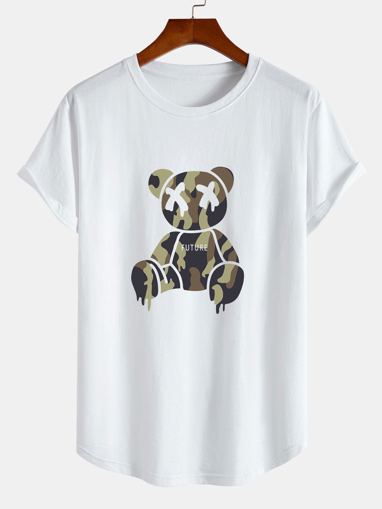 Camouflage Bear Print Cotton Arc Hem T-Shirt