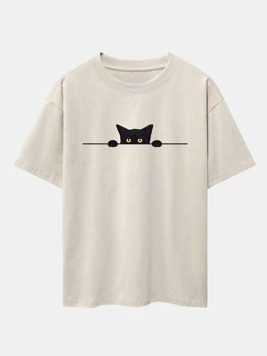 Black Cat Print Drop Shoulder Oversize T-Shirt