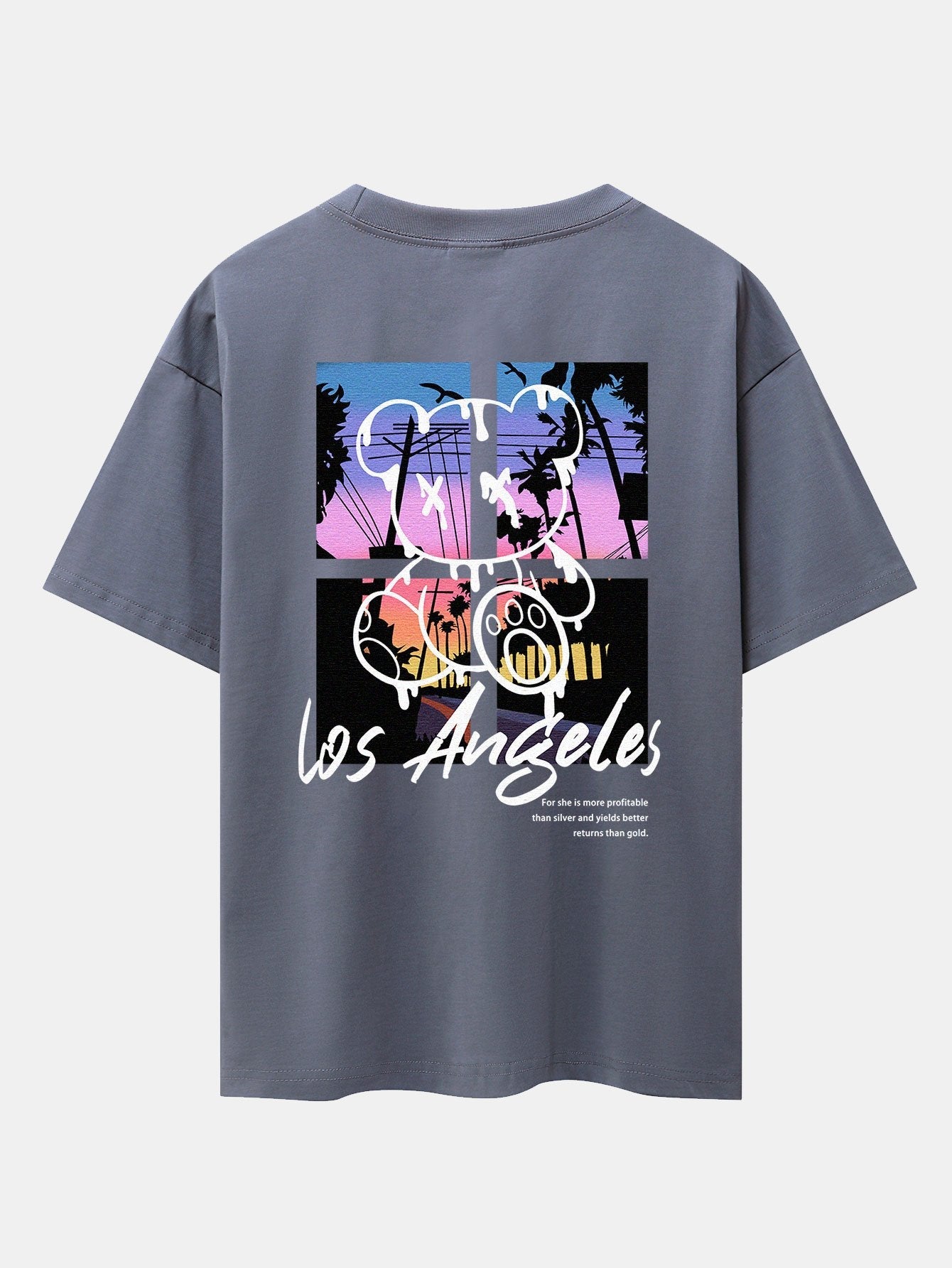 Los Angeles Illustration Bear Print Drop Shoulder Oversize T-Shirt