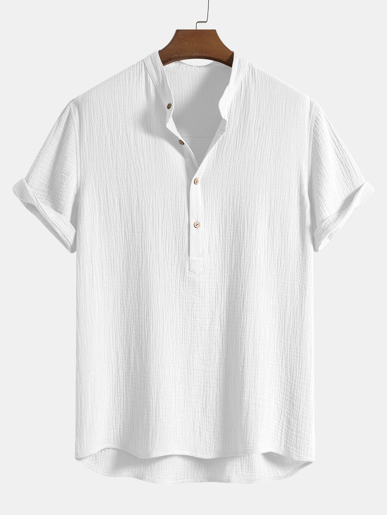 Chemise à col Henley en coton froissé avec patte de boutonnage semi-ouverte