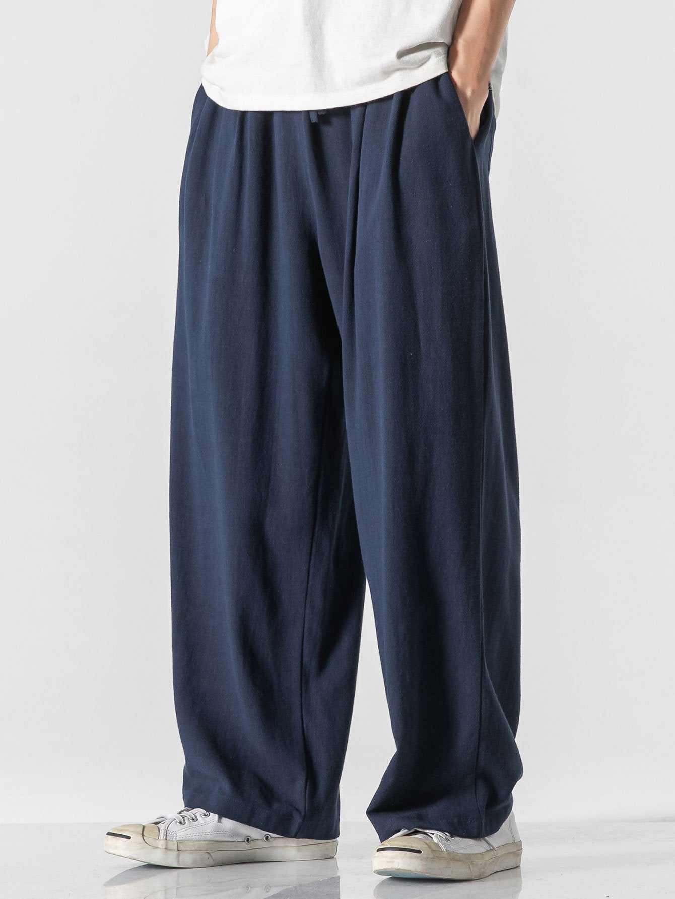 Pantalon large coupe décontractée en mélange de lin et de coton