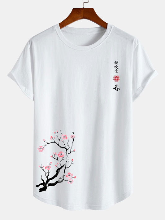 Cherry Blossoms Print Cotton Arc Hem T-Shirt