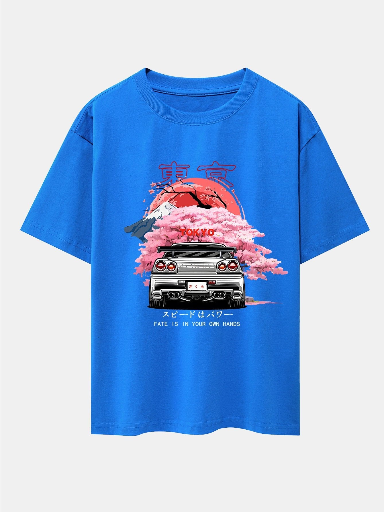 Tokyo Cherry Blossoms Car Print Drop Shoulder Oversize T-Shirt