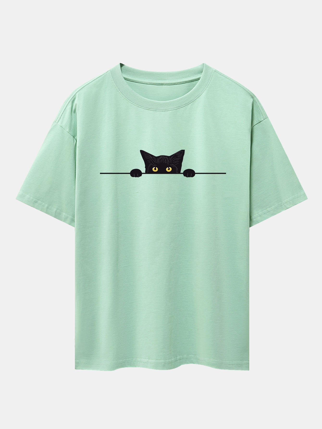 Black Cat Print Drop Shoulder Oversize T-Shirt